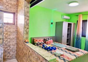 a bedroom with a bed and a green wall at Modern luxury 4-Bedroom Villa with Private Pool, BBQ flic en flac in Flic-en-Flac +28 photos