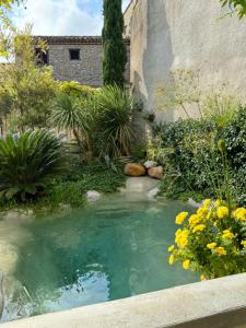 a small pool of water in a garden with flowers at Le Patio Des Senteurs in Verzeille