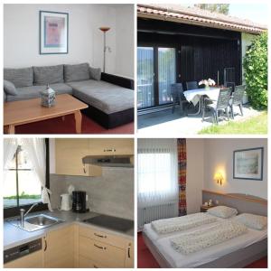 un collage de photos d'une cuisine et d'un salon dans l'établissement Ferienhaus Nr 42, Kategorie Komfort, Feriendorf Hochbergle, Allgäu, à Lechbruck am See