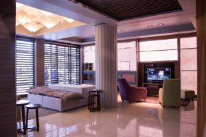 Amerian Río Gallegos Apart & Suites في ريو جاليجوس: غرفة معيشة مع أريكة وتلفزيون
