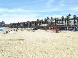 personas en una playa con palmeras y el océano en City&Beach Apartments 3 in City Center, en Barcelona