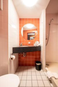 a bathroom with a sink and a mirror at Hotel Rhynern Nord in Hamm +73 photos