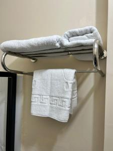 a towel hanging on a towel rack in a bathroom at Istanbul Taksim Istiklal Street CasaVilla Hotel in Istanbul