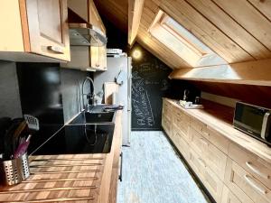 a kitchen with a black refrigerator and a sink at Le Lodge Champenois in Épernay