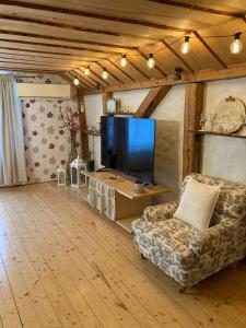 Una sala de estar con un sofá y un televisor de pantalla plana. en Country Home Apartment, en Viljandi
