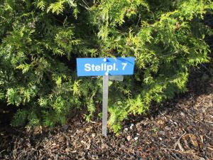 a blue street sign in front of a bush at Apartment Fledermäuschen in Graal-Müritz