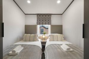 West DownにあるStylish Lodge with Parking nr Ilfracombe & Beachesの窓のある部屋にベッドが2つある