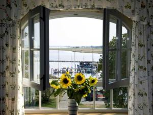 a vase of sunflowers sitting in a window at Hotel Hiddensee Hitthim in Kloster