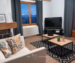 Una sala de estar con un sofá y un televisor de pantalla plana. en Le Panorama du Lac - Vue Splendide ! - à 3mn du Lac, en Veyrier-du-Lac