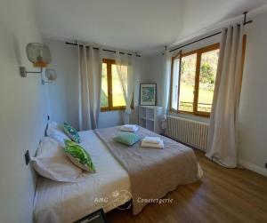 Un dormitorio con una cama grande con dos almohadas encima. en Le Panorama du Lac - Vue Splendide ! - à 3mn du Lac, en Veyrier-du-Lac