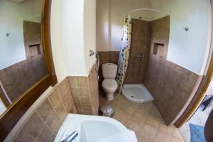 a bathroom with a toilet and a shower and a sink at Alkifron Hotel in Kala Nera