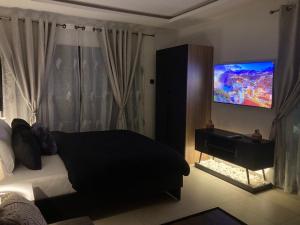 une chambre avec un lit et une télévision à écran plat dans l'établissement Belrose Place, à Accra
