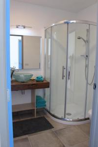 W łazience znajduje się szklana kabina prysznicowa i umywalka. w obiekcie Pukeatua Farmstay w mieście Waimauku