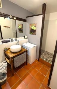a bathroom with a toilet and a sink in it at Le Chacha Anse des Rochers in Saint-François