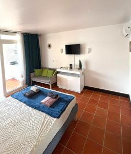 a bedroom with a bed and a living room at Le Chacha Anse des Rochers in Saint-François