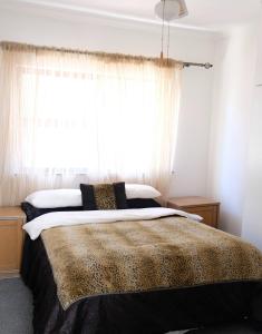 Un dormitorio con una cama grande con ventana. en Villa on Flamingo Vlei, en Ciudad del Cabo