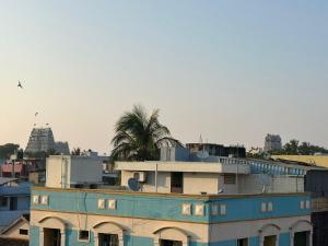 a blue building with a palm tree and buildings at Meera Lodge in Chidambaram