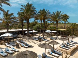 メーリッハにあるRiviera Spa Resort - Adults Onlyのヤシの木が茂る浜辺の椅子・傘