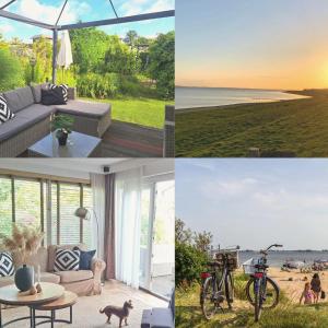 a collage of photos of a living room and a beach at Charmante woning omheinde tuin, dichtbij strandje VP023 in Herkingen