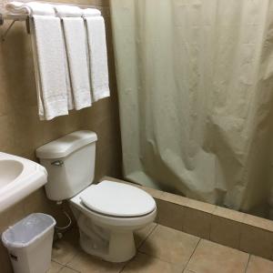 a bathroom with a toilet and a shower with towels at Borinquen Beach Inn in San Juan