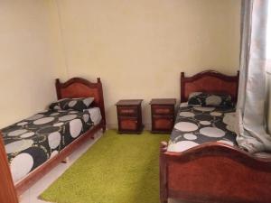 a bedroom with two beds and a green carpet at Billa appart in Midelt
