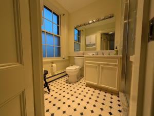 ein Badezimmer mit Toilette, Waschbecken und Spiegel in der Unterkunft Beacon Hill: The Aldrich House in Boston + 28 Fotos