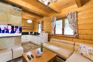 a living room with a couch and a tv at Willa Bajkowa in Międzybrodzie Żywieckie