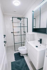 Un baño blanco con inodoro y lavabo. en Villa Shalom, en Cluj-Napoca 12 fotos más