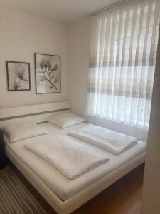 two beds in a bedroom with a window at 1,5 Zimmer Appartement in Winterthur