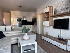 ein Wohnzimmer mit einem weißen Sofa und einem Fernseher in der Unterkunft Apartment near the Old Bridge in Petržalka