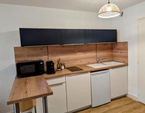 a kitchen with a counter with a microwave and a sink at Studio le Lagoon - Bourgoin Centre in Bourgoin