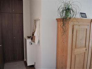 a kitchen with a refrigerator with a plant on the wall at Bellavista by Fewotessin in Locarno +25 photos