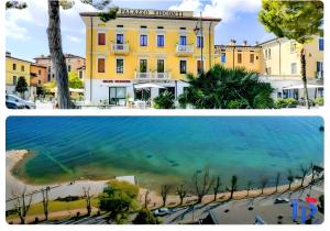 dwa zdjęcia budynku i zbiornika wodnego w obiekcie Marriott Palazzo Visconti Luxury Suite DesenzanoLoft Official Partner Homes & Villas by Marriott Bonvoy w mieście Desenzano del Garda