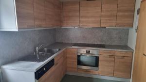 a kitchen with wooden cabinets and a sink and a stove at Acorn Hill Apartments in Nidda