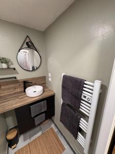 a bathroom with a sink and a mirror and towels at Gîte Paisible à la Campagne pour 5 Personnes in Spézet