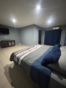 ein Schlafzimmer mit einem großen Bett und einer blauen Decke in der Unterkunft Rincon Mágico in Ciudad Valles