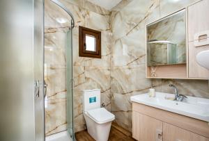 a bathroom with a toilet and a sink and a shower at Zara Studios in Astris +49 photos