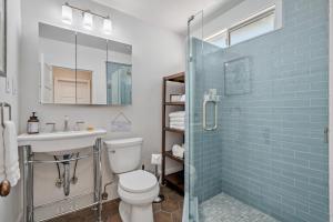ein Badezimmer mit Toilette, Waschbecken und Dusche in der Unterkunft Blue Chestnut in Paso Robles + 26 Fotos