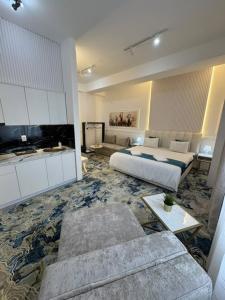 a large room with a bed and a living room at Strumica Jordan Luxury apartments in Strumica