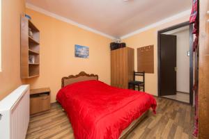 1 dormitorio con 1 cama con colcha roja en Snow House, en Gudauri