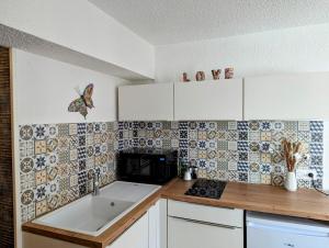 a kitchen with a sink and a tile wall at Studio le Cosy - Bourgoin Centre in Bourgoin