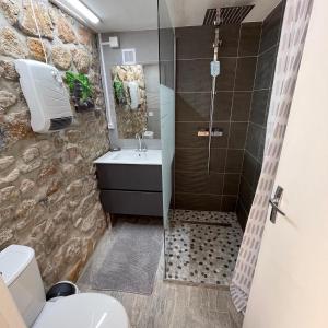 Un baño con ducha, inodoro y lavabo. en Gîte des 3 vallées - Le soleil des Cévennes, en Saint-Jean-du-Gard 28 fotos más