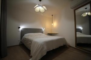 Schlafzimmer mit einem Bett, einem Spiegel und Lampen in der Unterkunft La Maison de Louise in Aulnay-sous-Bois