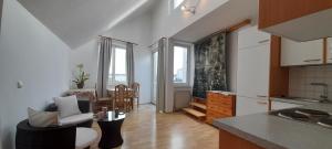 kuchnia i salon ze stołem i krzesłami w obiekcie Appartements Donaublick w Linzu