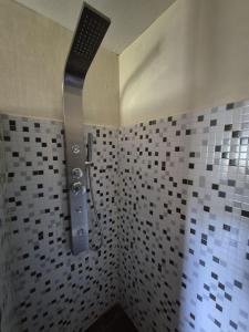 y baño con ducha y azulejos en la pared. en Lodge Casa de Campo, en Futaleufú