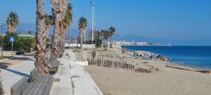 a sidewalk next to a beach with palm trees at Casetta sul mare in Savona