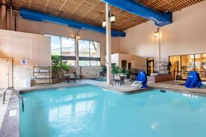 ein Swimmingpool mit blauen Stühlen und Tischen in einem Gebäude in der Unterkunft Holiday Inn Frisco by IHG in Frisco