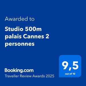 Certifikát, ocenenie alebo iný dokument vystavený v ubytovaní Studio 500m palais Cannes 2 personnes