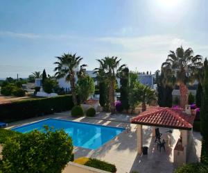 a villa with a swimming pool and palm trees at Sunset Green 01 in Paphos