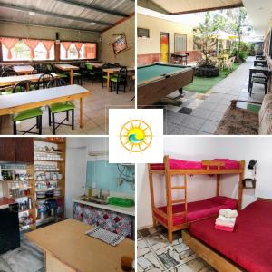a collage of photos with tables and ping pong tables at Hostel Megaró in Santa Teresita